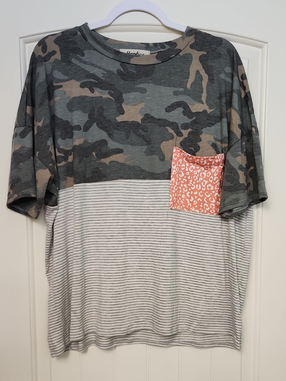 Women's Camo & Stripe Colorblock Top with Coral Pocket